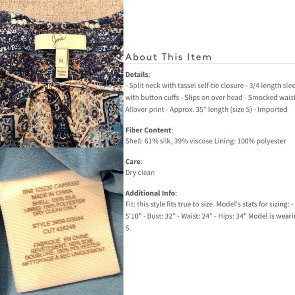 Joie Aidee Blue Printed Silk Chiffon Long Sleeve Mini Dress Medium - Picture 8 of 8